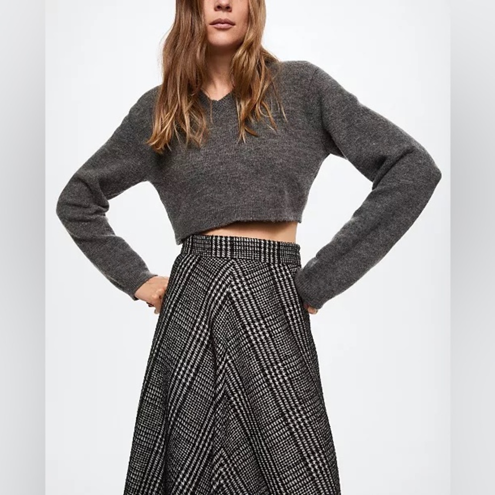 Mango High-Waist Black & White Plaid A-Line Midi Skirt Small